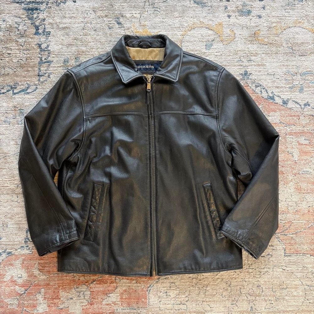 Dockers Vintage Mens Black Leather Jacket Full Zip Biker Bomber Coat Size M